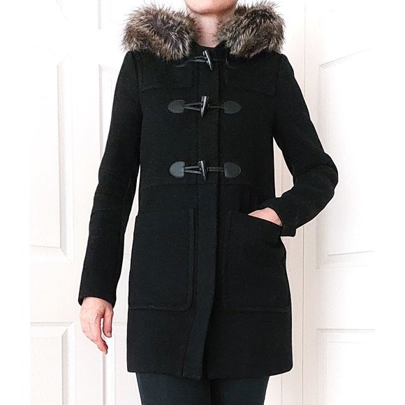 BCBG Black Hooded Wool Coat XS Detachable Realistic Faux Fur - Picture 1 of 14
